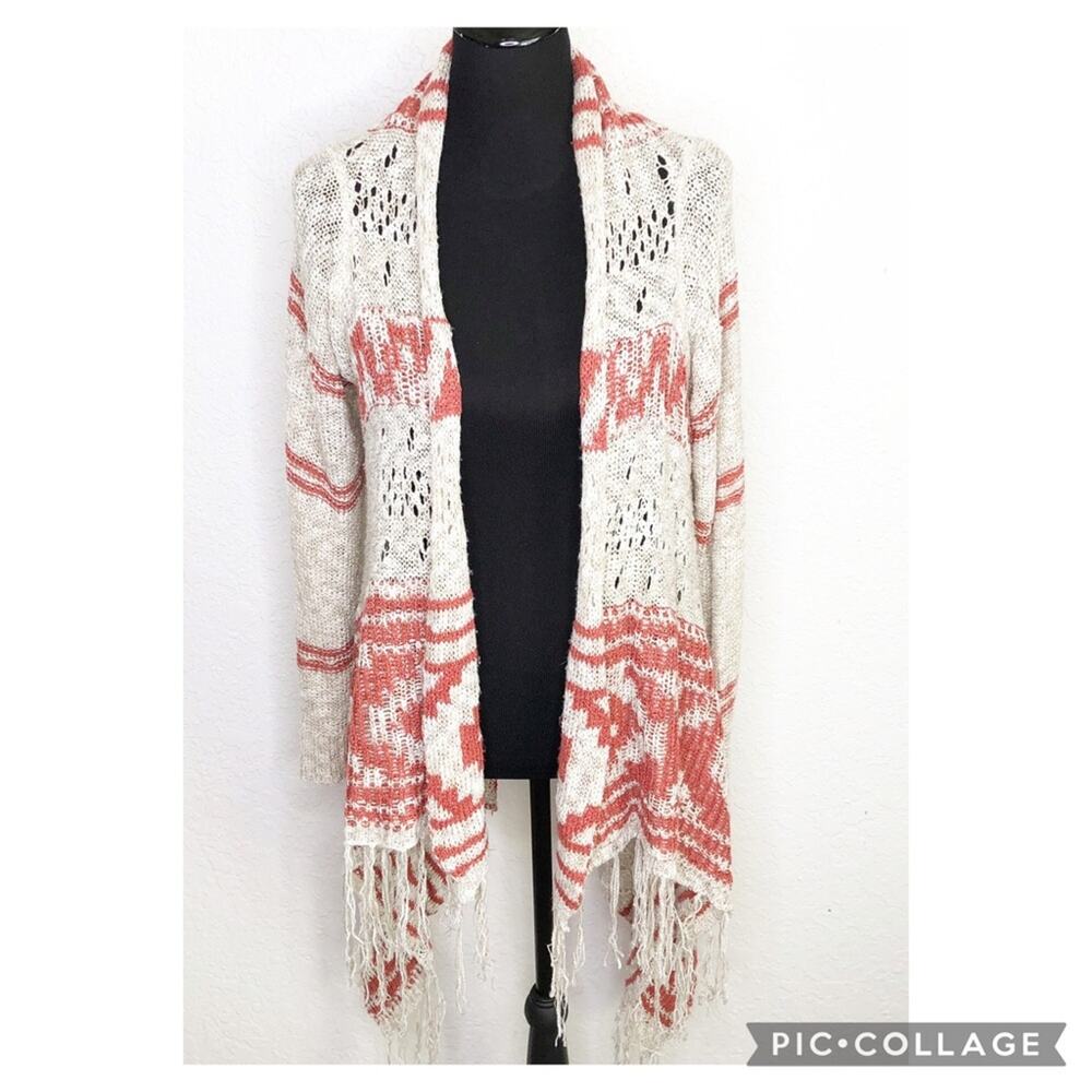 Torrid cream tan orange Aztec fringe trim open front cardigan size 1 or 1X